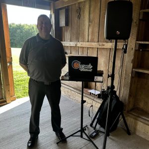 Russ with a small sound setup at the Mount Washington Barn Venue Open House
